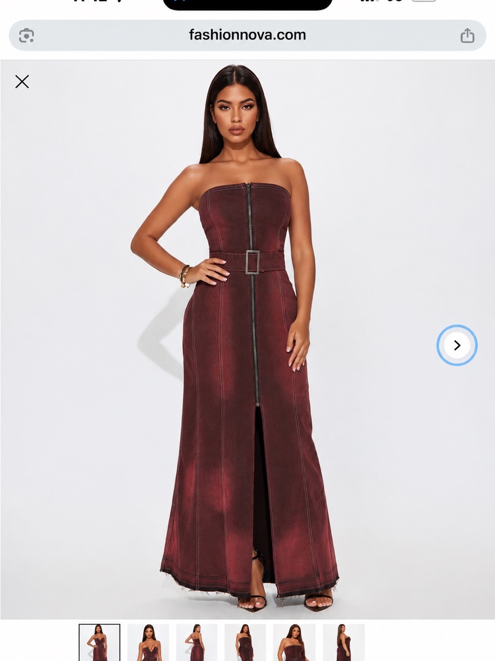 Strapless Burgundy Zip-Front Denim Maxi Dress with Belt